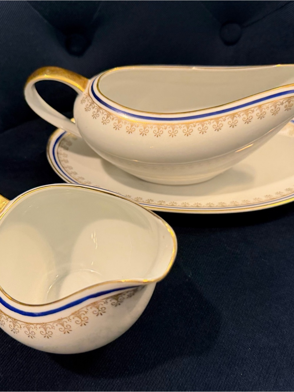 Classic & Elegant White Porcelain Gravy Boats Gold Greek Key Design & Blue Trim
